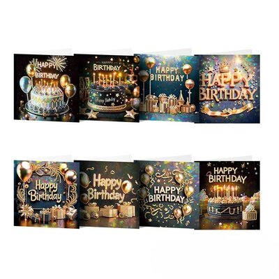 Diamond Painting verjaardagskaarten - Set van 6 stuks Happy Birthday Ballonnen en Taarten met zwarte achtergrond (Partial met ronde steentjes)