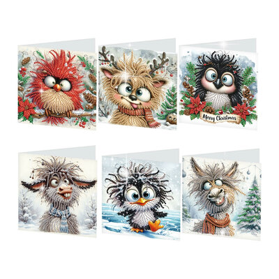Diamond Painting Kerstkaarten - Set van 6 stuks met Gekke Dieren (Partial)