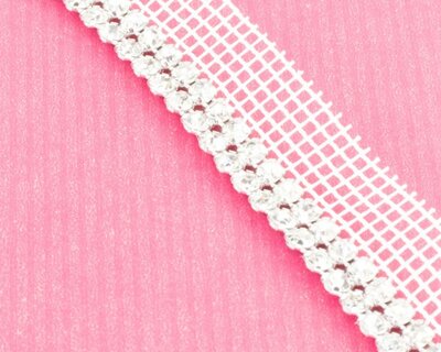 Metal Banding Superior Glamour SS20 (5mm) Crystal - Silver Banding 2 rijen met wit gaasband aan 1 kant (per meter)