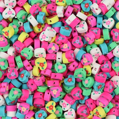 Polymeer kralen Hartjes met Bloem Multi Color 10x10x4,5mm (50 stuks) PMF014