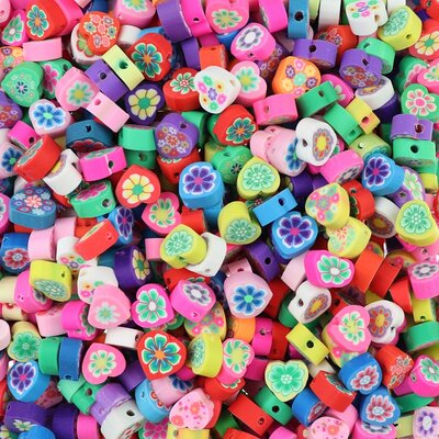 Polymeer kralen Hartjes met Bloemetjes Multi Color 10x10x4,5mm (50 stuks) PMF015