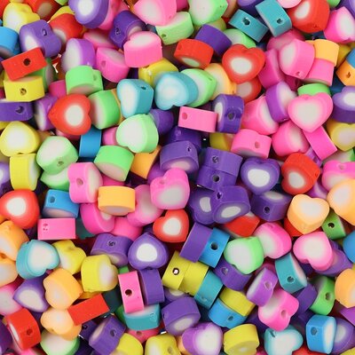 Polymeer kralen Hartjes Multi Color met Wit Hart 10x10x4,5mm (50 stuks) PMF009