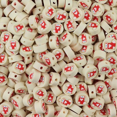 Polymeer kralen Kerstsokjes Wit met Rood 10x10x4,5mm (50 stuks) PMF010