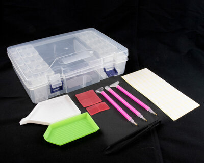 Diamond Painting opbergdoos / sorteerkoffertje met 42 fliptop doosjes plus benodigdheden